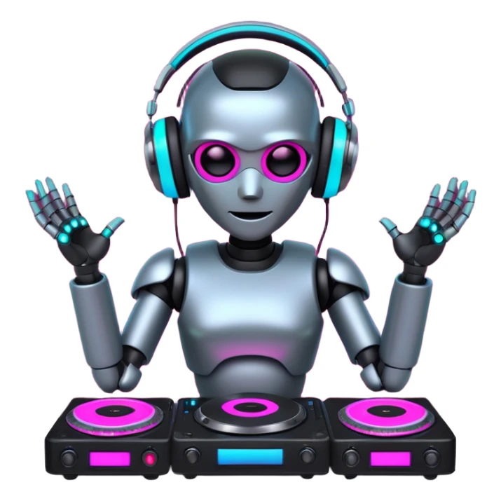 Robot DJ with bright glowing neon pink and neon green lights around turntables, wearing black with neon blue glowing headphones, 8k sticker