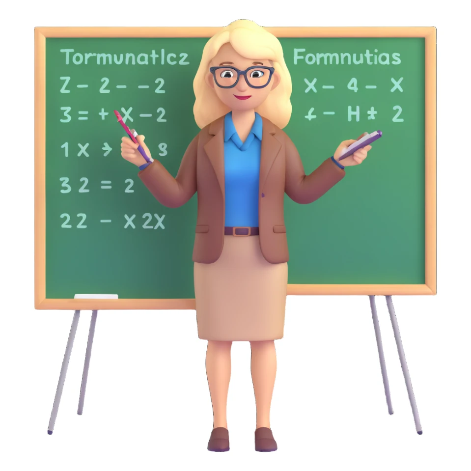 strict blonde math teacher with glasses standing by a board with formulas sticker