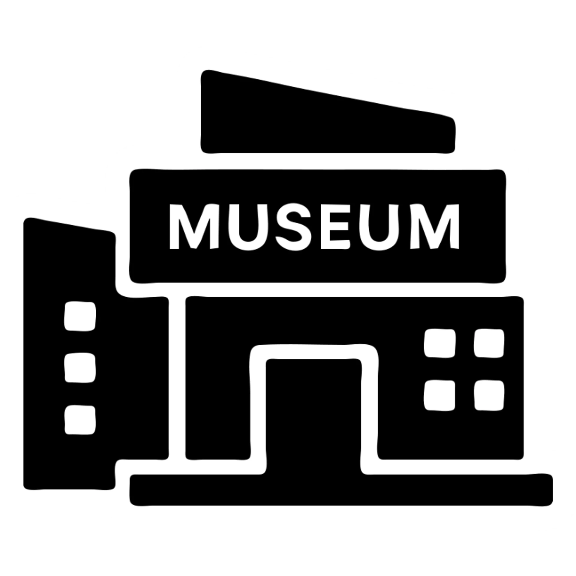 cultural building, modern museum, black fill, concise silhouette, urban theme, uniform line thickness sticker