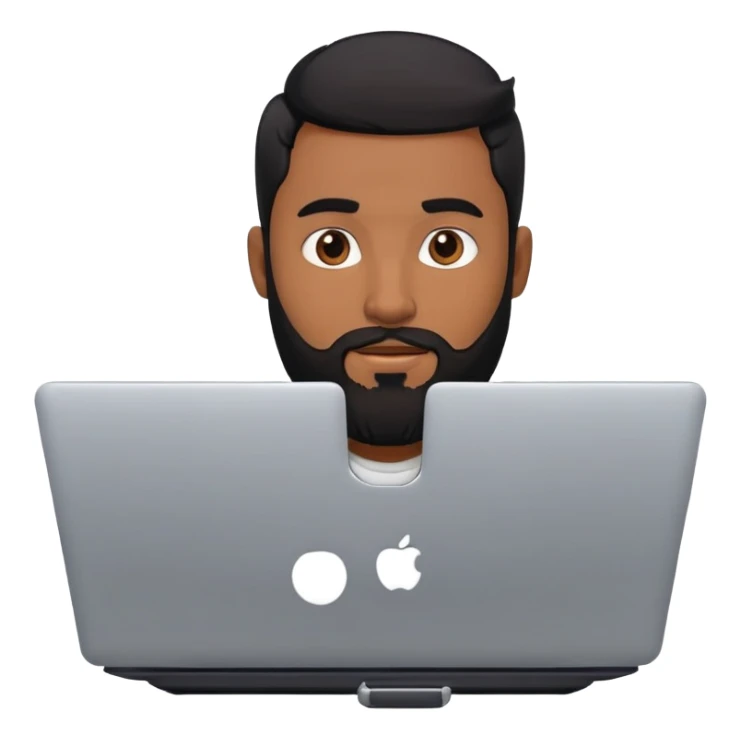 Brown skinned guy with beard and black hair with a laptop sticker