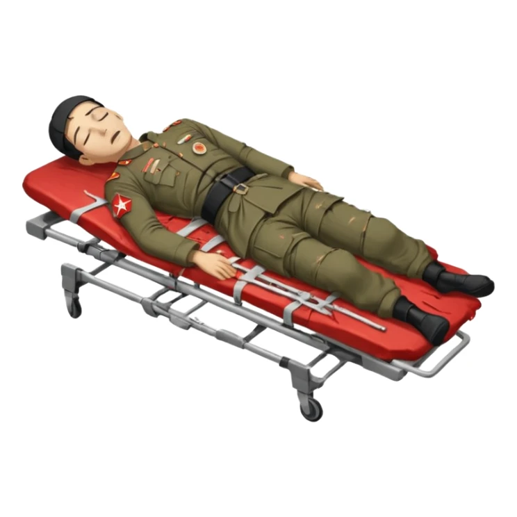 a man of oriental appearance, dressed in torn clothes, full length, with closed eyes, head lying on a stretcher, in a prone position, with injuries on a black military stretcher, 1980 sticker