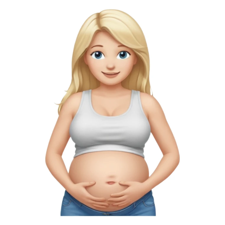 White girl, long blonde hair, white tank crop top, smiling, bare midriff, blue eyes, huge round pregnant belly, jeans. sticker
