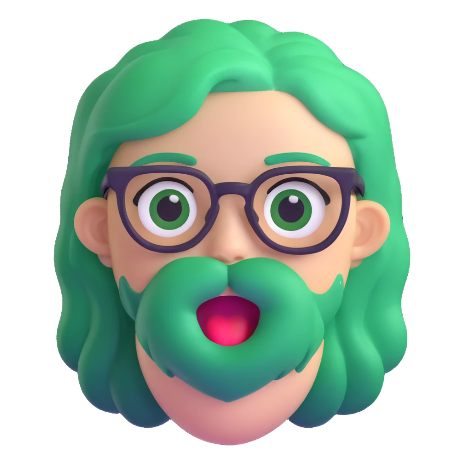Seele with green hair and glasses biting, 3D emoji style sticker