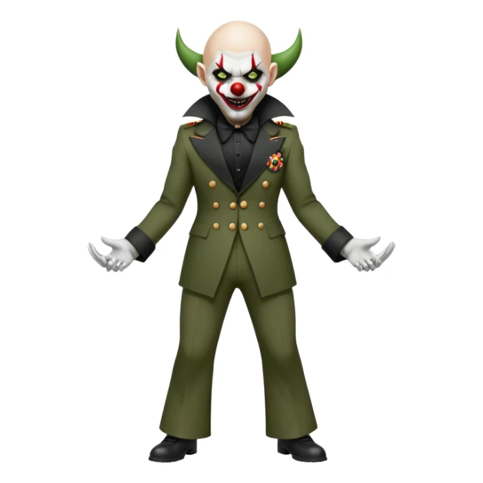 evil clown, bald, short black devil horns on forehead, fangs, pointed ears, black and military green leisure suit with bellbottom pants, realistically proportioned, less bulky, full body, battle-ready, fighting posture sticker