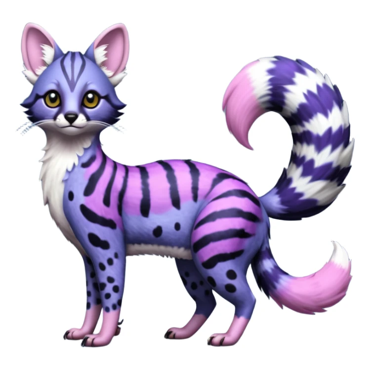 Beautiful fluffy elegant spotted dotted thick puffy hyper-realistic lifelike furry Indigo, purple, violet, pink, Civet-Genet-Possum-Serval-Caracal-Sergal-Trico-Numbat-Furret-fusion-Fakemon-hybrid-creature (full body) with long tufted ears and a striped tufted tail  sticker