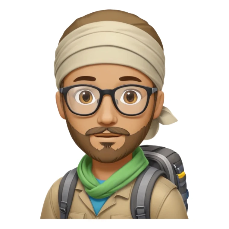 adventurer with goatee beard (no beard on cheeks), short hair, glasses, bandana on head and backpack sticker