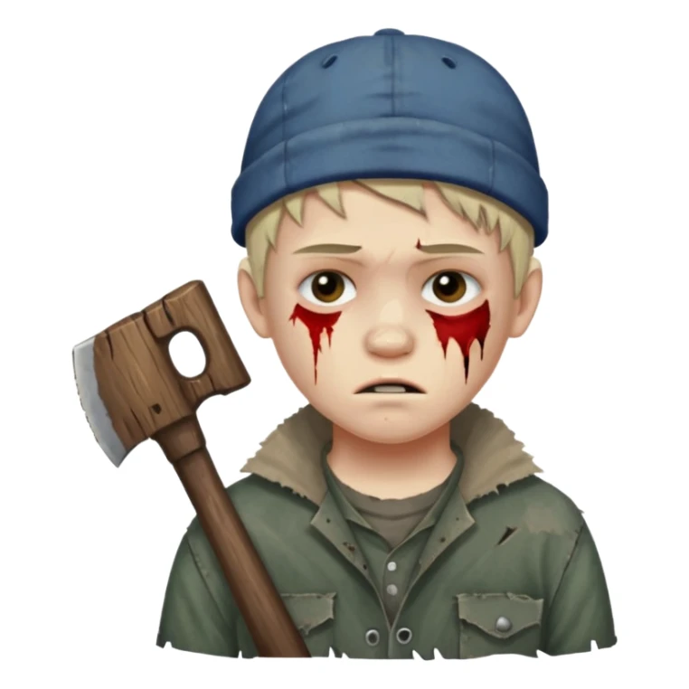 13 y/o Brian robeson at the beginning of Hatchet
distressed, has hatchet, bruised sticker