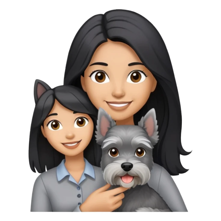 A smilling woman with long black hair holding a light gray Schnauzer sticker