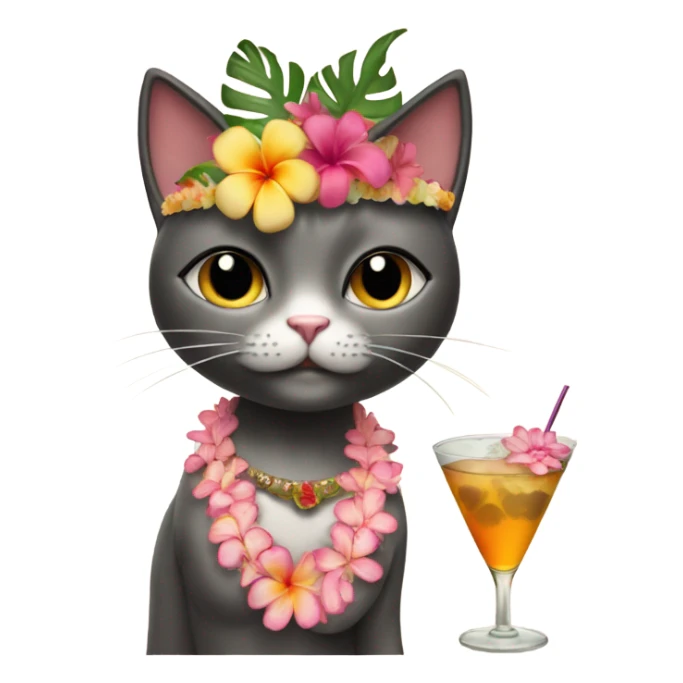 Cat with Hawaiian skirt drinking a martini with a flower crown and a shell bra sticker