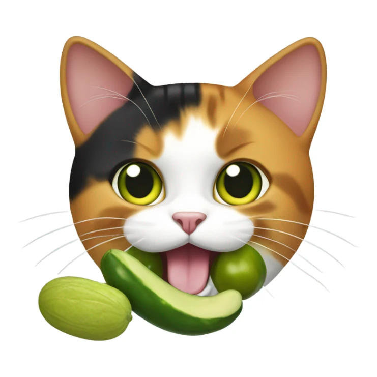 Calico cat holding a pickle in its mouth sticker