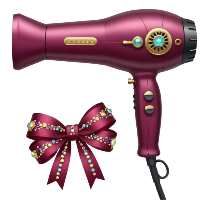 burgundy blow dryer with a ribbon covered in gems sticker
