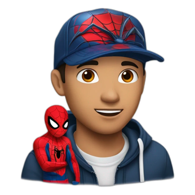 chico blanco con una rera de spiderman un tatuaje en el cuello que diga amor en chino que tenga una gorra negra con un logo de la redbull y con un arito en la ceja sticker