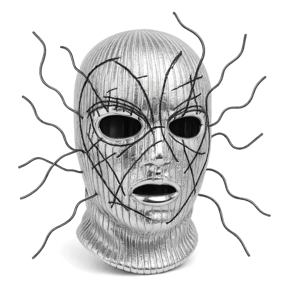 The mask is a full-head, white knitted balaclava with a tight ribbed texture. It features two asymmetrical eye openings and a partially exposed mouth area. Black thread is stitched across the surface in chaotic, abstract lines that trace facial features, giving a hand-drawn effect. Several black cords extend outward from the mask, varying in length and direction, adding a sculptural, almost organic appearance. The overall look is bold, handcrafted, and visually striking. sticker