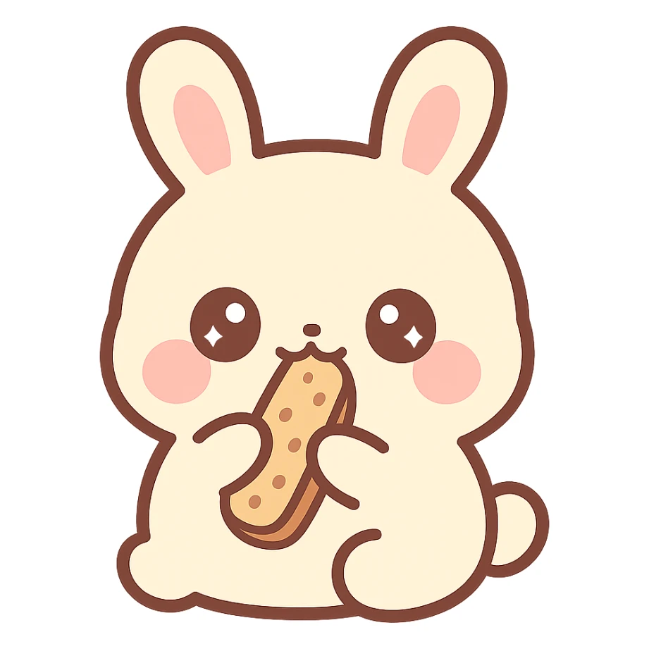 very cute rabbit, Japanese anime style, big shiny eyes, eating a biscotti sticker