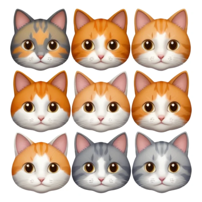 6 cats with different coloured coats, 2 are grey and white, 1 is grey with a little white, 1 calico, 1 brown tabby and white and one ginger and white sticker