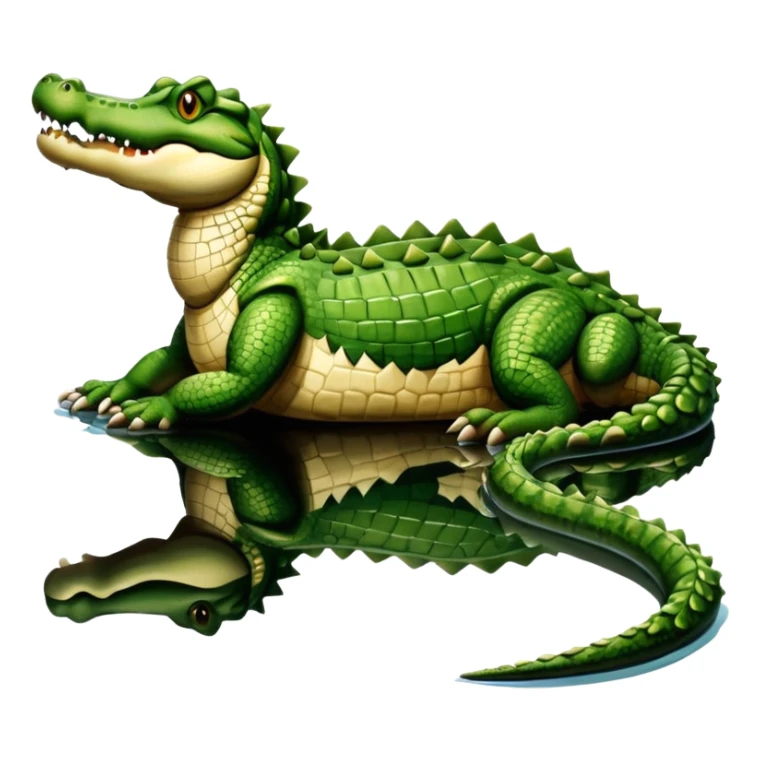 A large crocodile resting on a riverbank, part of its body in water, realistic scales and reflections, natural sunlight. sticker