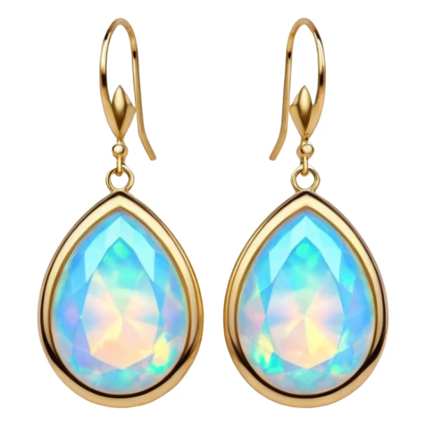 Futuristic colors opal gemstone, 14K gold pair of earrings, isolated, rendering  sticker