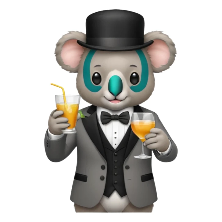 koala wearing suit, bowtie and top hat, holding a glass of drink sticker