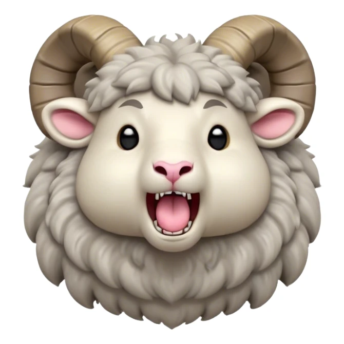 Cinematic Cute Yawning Ram Portrait Emoji, Head tilted slightly with a dramatic, wide-open yawn, showcasing a soft, woolly grey fur with gently drooping horns and ears, round dark eyes barely open in drowsy contentment, Simplified yet irresistibly adorable features, highly detailed, glowing with a soft, cozy glow, high shine, relaxed yet expressive, stylized with a touch of rugged whimsy, bright and endearing, soft glowing outline, capturing the essence of a sleepy yet affectionate ram, so drowsy it feels like it could stretch out of the screen and curl up for a nap! sticker