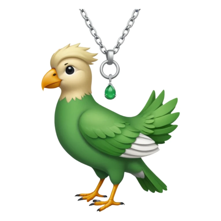 un oiseau classique tout vert avec un collier autour de son cou avec des breloque argentées et un seul poil blond qui fait une petite bouclette sur le front le collier est autour de son cou sticker