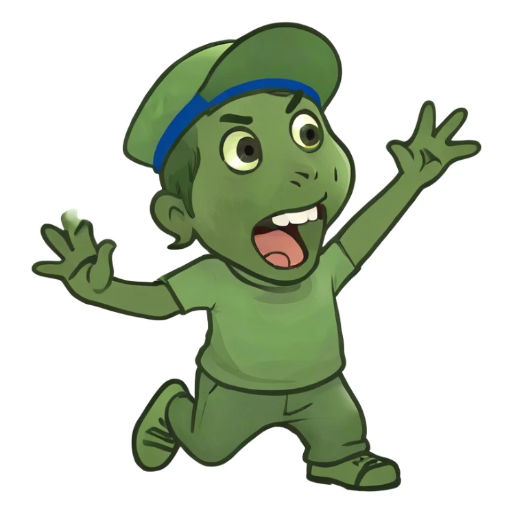 boy screaming with mouth wide open while waving his right hand to the audience and in a lunge position with his legs sticker