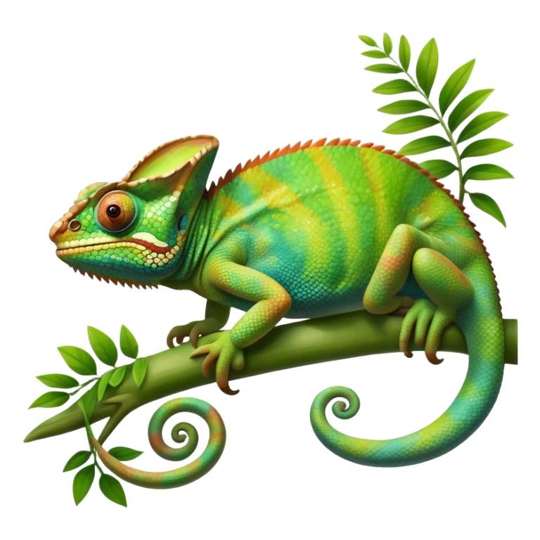 giant-chameleon-realistic emoji,-blending-with-vibrant-greenery.-detailed-scales-in-shifting-colors,-showing-the-chameleon’s-ability-to-camouflage.-soft-natural-light-highlights-its-texture.-nature-background, zoomed into its face sticker