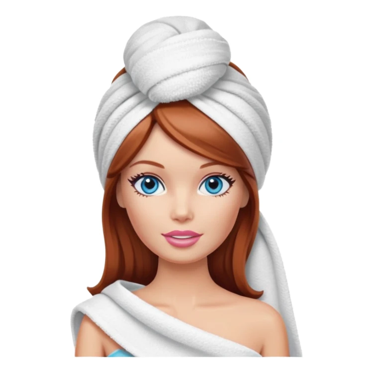 A Barbie face blue eyes with shoulder-length reddish brown hair, makeup with cream on face and a towel on her head sticker
