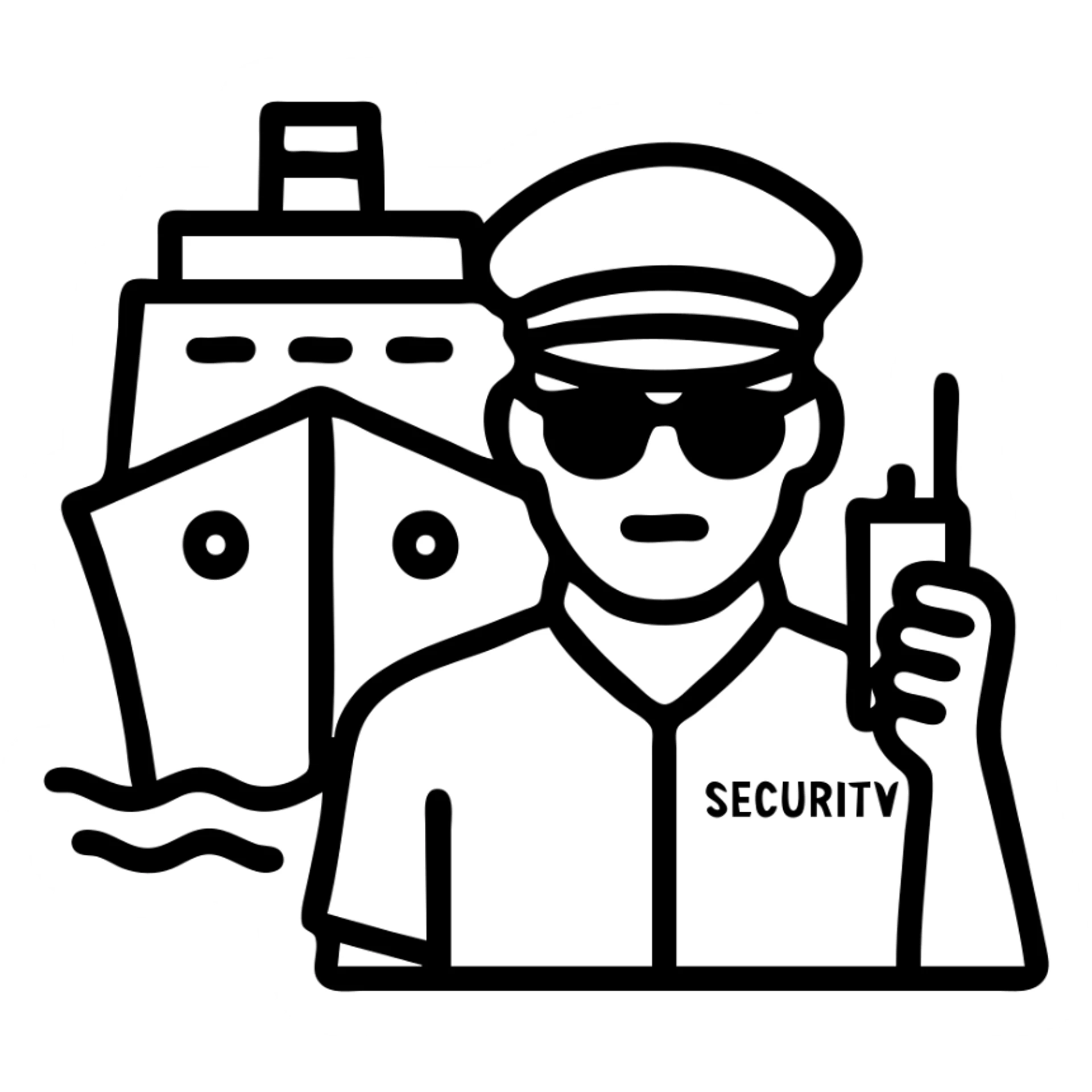 a ship security guard in sunglasses, holding a walkie-talkie, with a ship silhouette behind, outlined icon style sticker