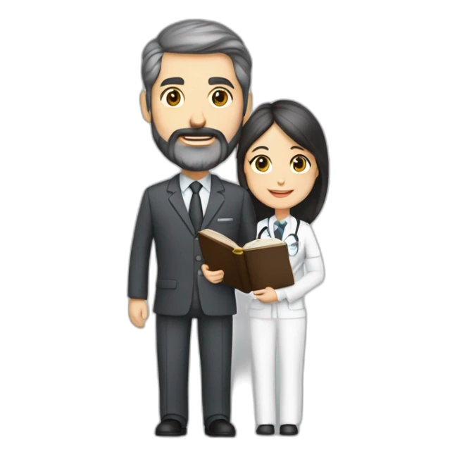 husband classy caucasian dark gray hair trimmed beard wearing business suit holding bible, wife asian age 55 dark hair nurse uniform, no children sticker
