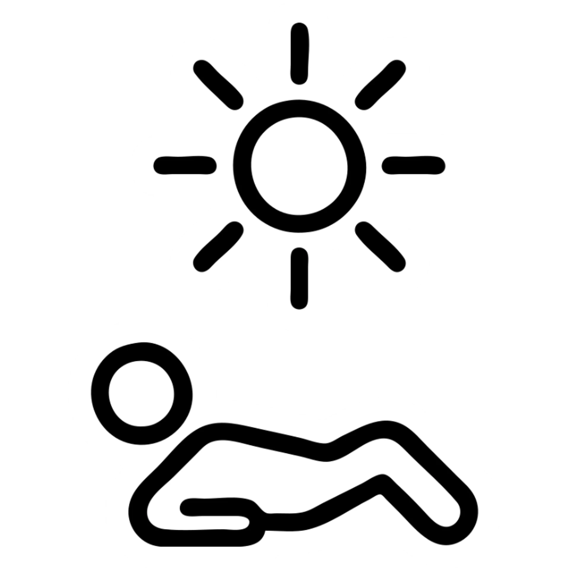 minimal icon of a sun with rays and a person lying down, ultra-simplified, basic outline sticker