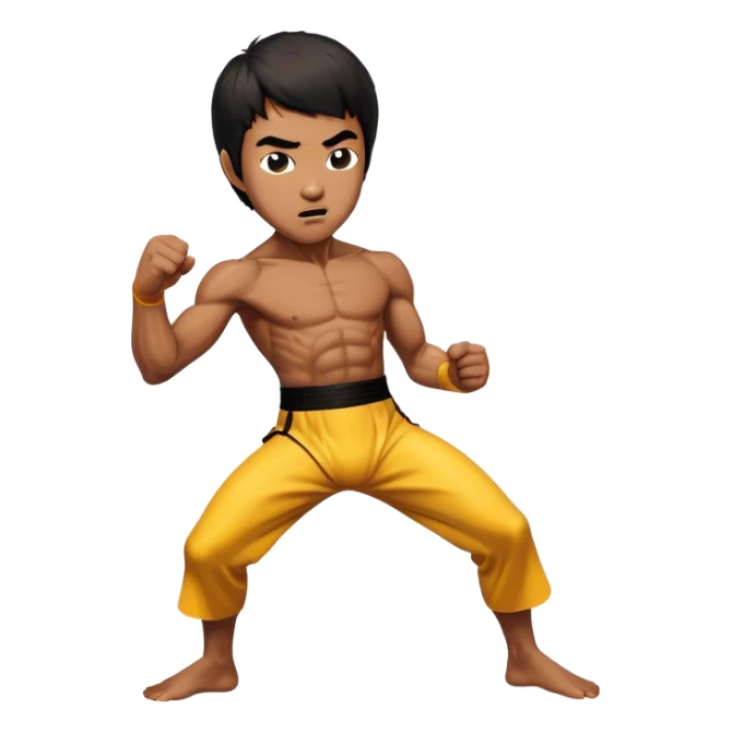 Cinematic Realistic Bruce Lee Portrait Emoji, depicted as a dynamic martial arts icon with an intense gaze and athletic physique caught in a fluid motion, rendered with vivid textures and energetic lighting that embodies his legendary prowess. sticker