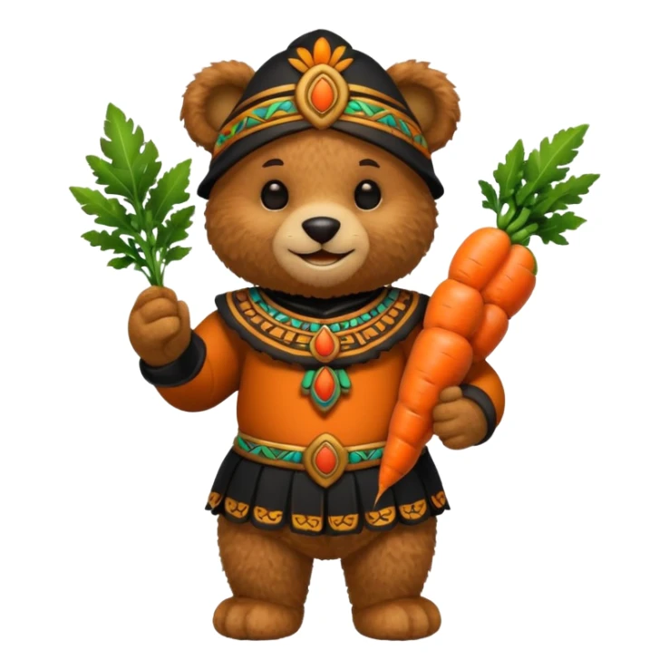 teddy bear, wearing black mayan ancient custome, with carrot half body sticker