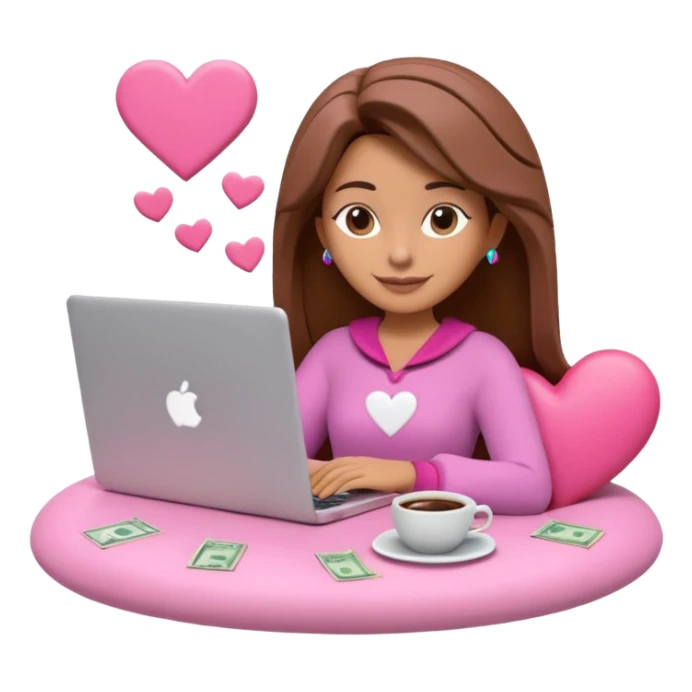 3D clay character relaxed with laptop and coffee, floating icons (envelope, heart, dollar), colofrful outfit, pink (#FF6B9D) floating icons, white laptop, Pixar style, transparent background sticker