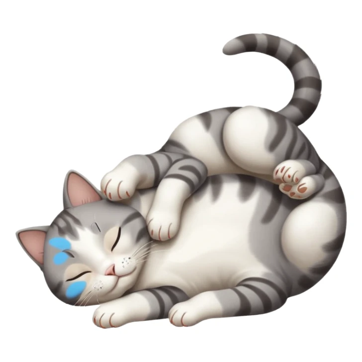 grey and white small cat eyes with closed lying down upside down with paws stretched out straight in different directions sticker