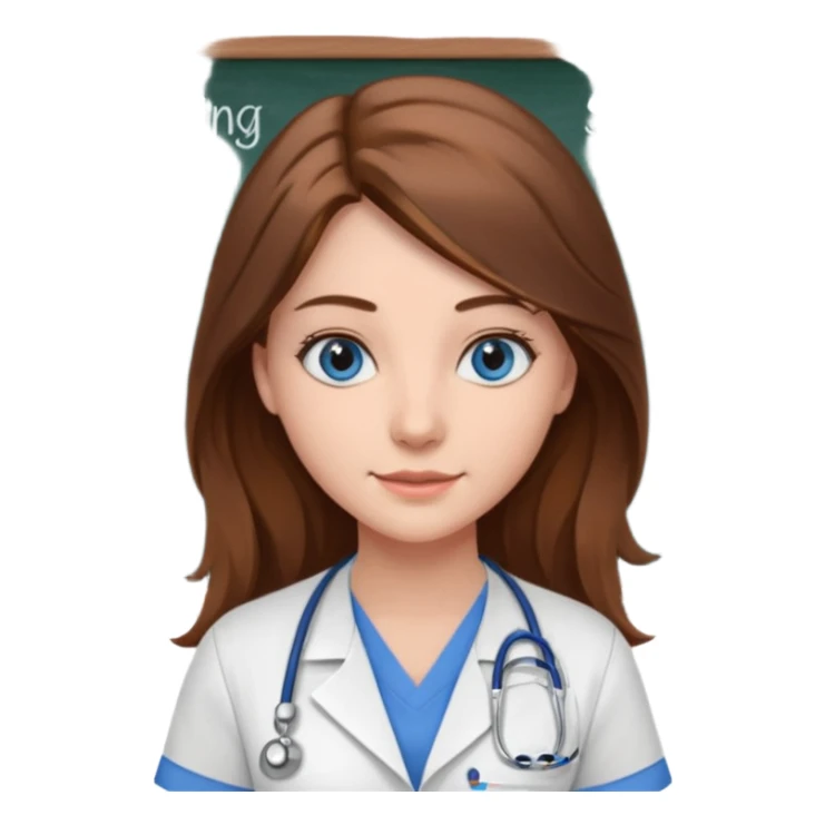 university classroom that says nursing school on the blackboard with a pretty female nursing student with long brown hair, blue eyes sticker