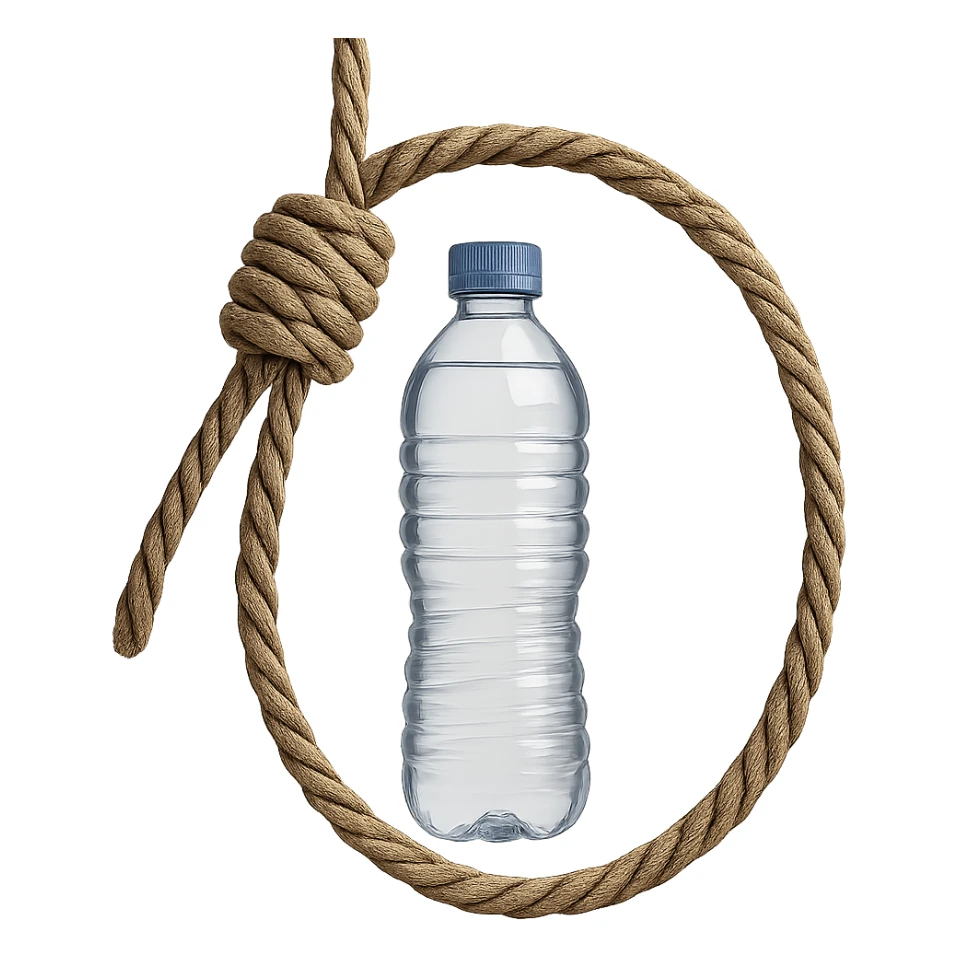 Realistic style depiction of a long rope with a loop, inside the rope a visible water bottle, natural details, symbolic atmosphere, no background. sticker