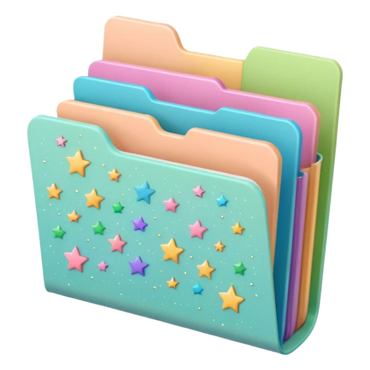 small cute folder icon in soft pastel colors light yellow or peach, slightly open at the top, colorful divider tabs inside peeking out blue green pink purple, white label area on front with word Covers in playful handwriting, small sparkles or stars around folder, emoji style sticker