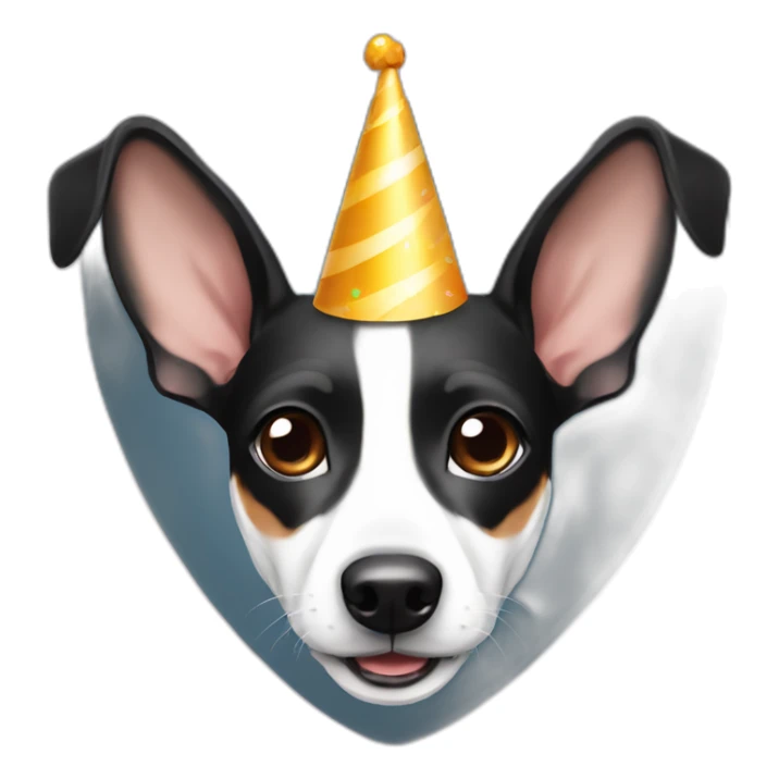 rat terrier colored black and white, no brown, wearing party hat sticker