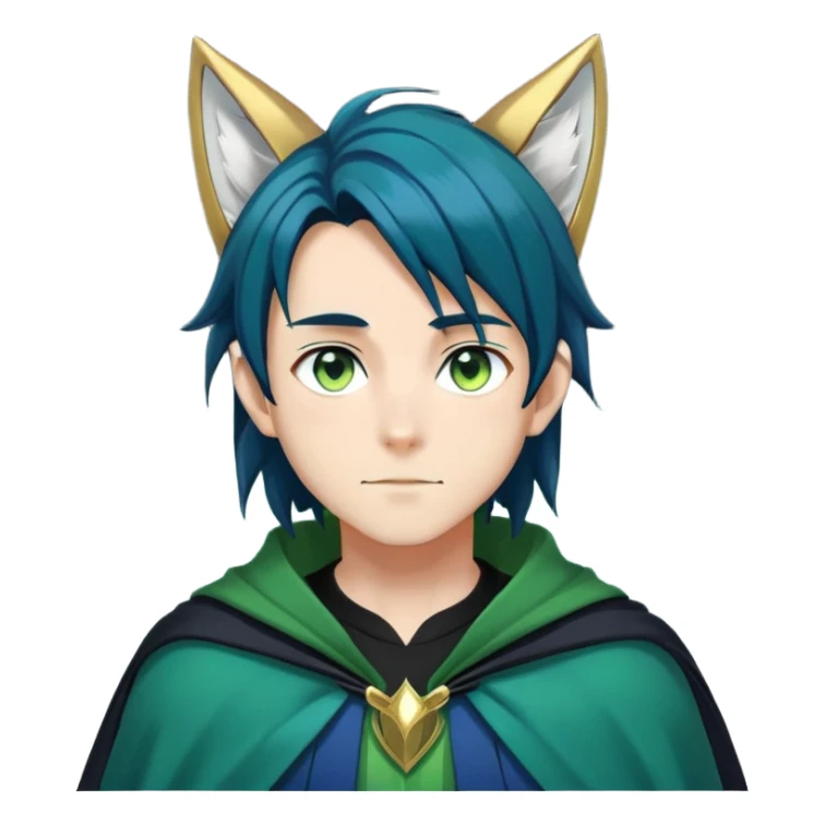 anime man with straight long dark-blue-black-gradient hair with light-green stripes in it, long black fox ears, hazel-gradient-brown-turquoise eyes, gold earring, dark-blue-sweater, green cape,  sticker