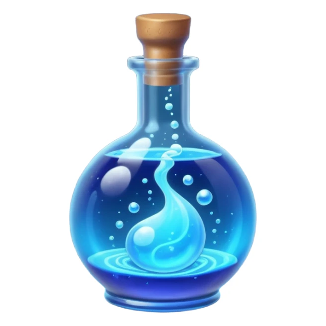 glowing blue neon magic potion, in a round glass bottle, tilted slightly sticker
