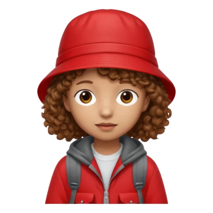 Little student brown curly hair, wears red bucket hat and jacket, backpack, shy sticker