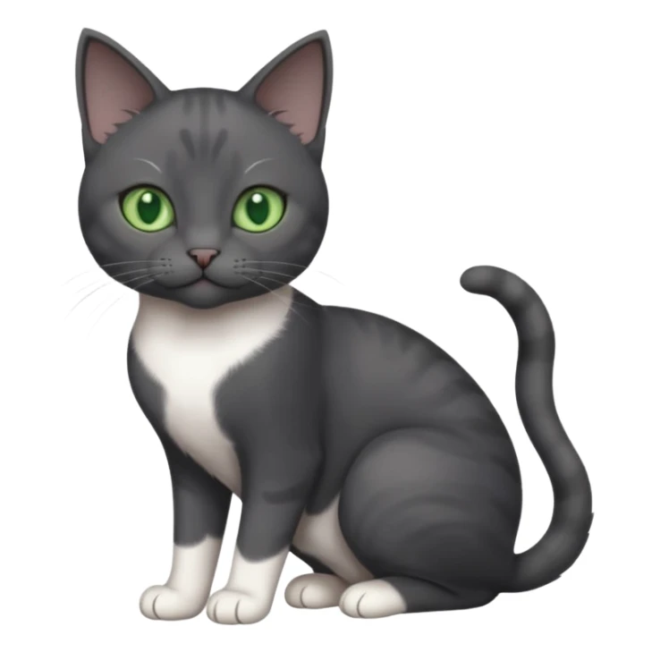 beautiful female solid dark grey cat with green eyes, white toes/paws and white patch on her chest playing sticker
