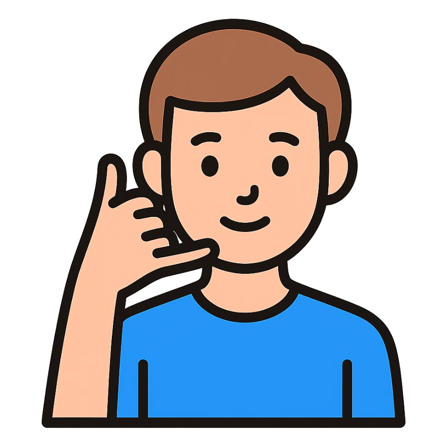 Adam making a phone call gesture, hand to ear, head and pinky finger forming phone sign, simple background, modern and clear style sticker