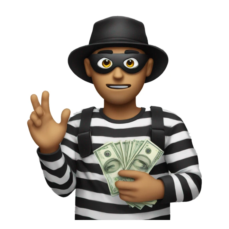 Robber where a black and white stripe shirt and black hat with a eye mask on holding a money bag sticker