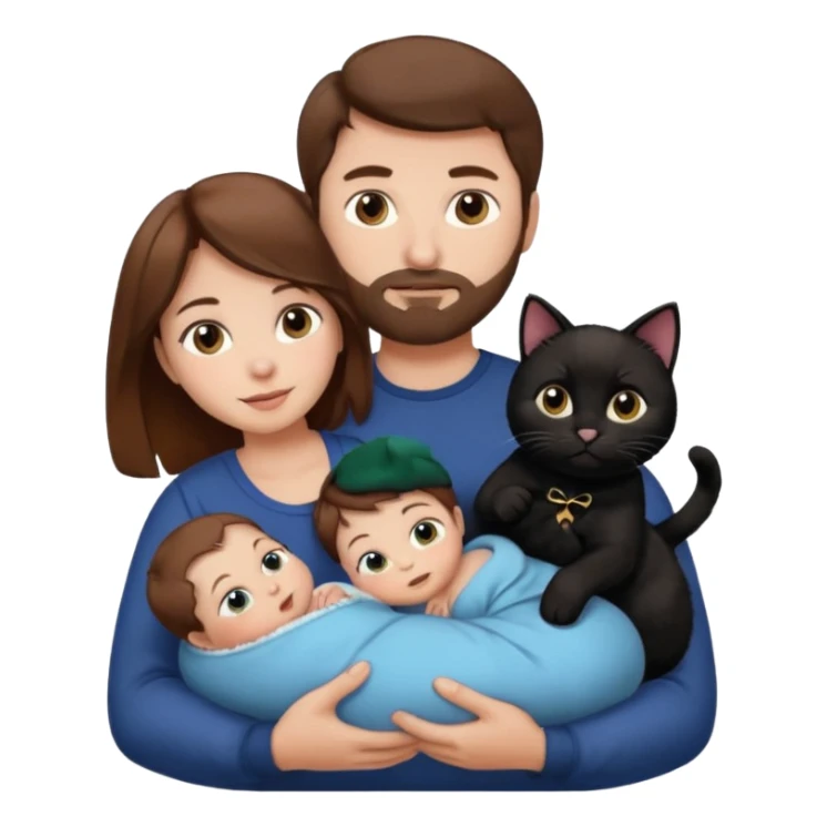 1 mom brown hair, 1 dad, 1 baby and 1 black cat sticker
