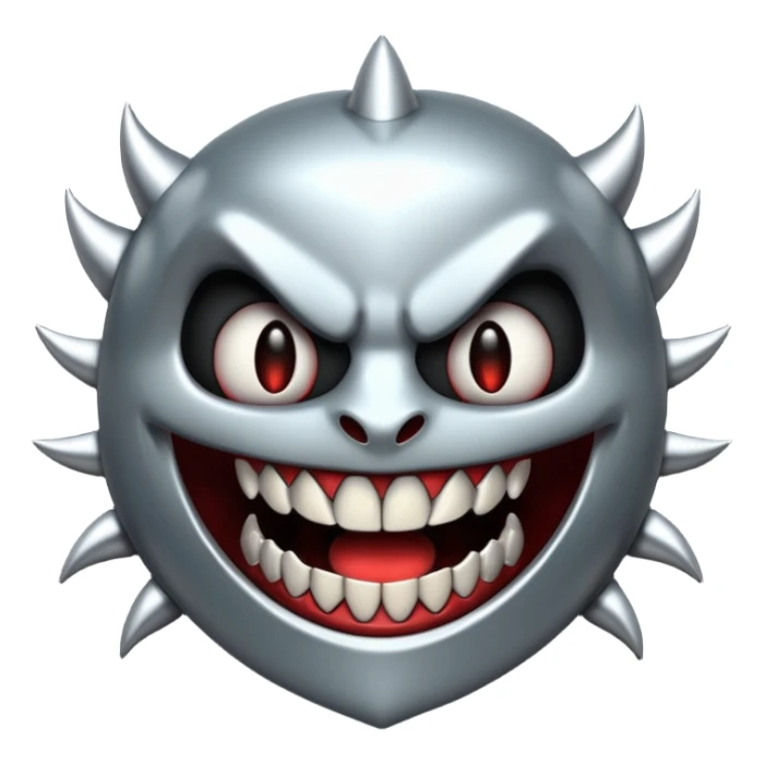 Stylized emoji icon of metallic teeth with sharp fangs, chrome texture, dark shadows, aggressive look sticker