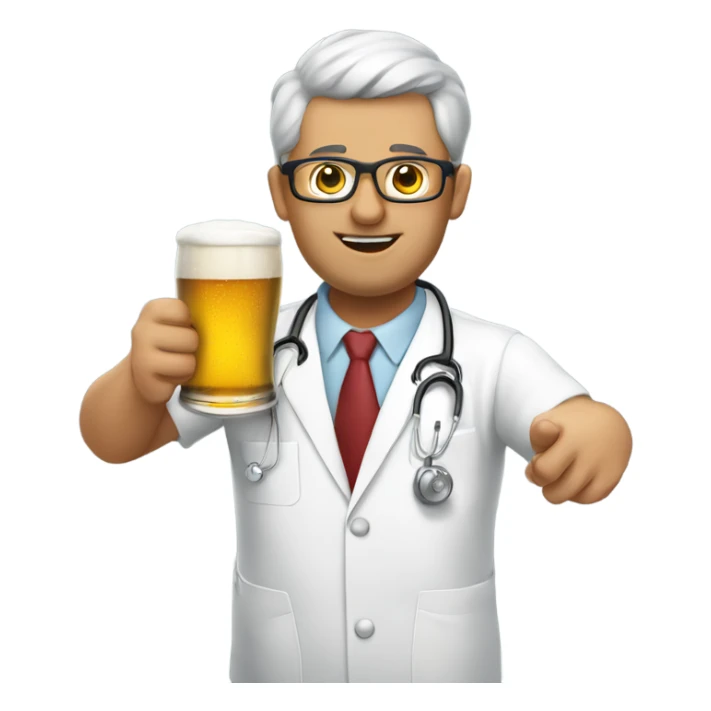 A guy dressed as a chiropractor in a surgical uniform consuming a beer sticker