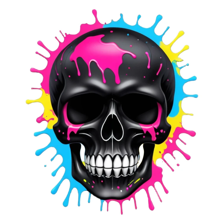 limited edition black skull with luxury haute couture logo patterns, perfectly contained neon paint splatters, museum-quality graffiti art detail, dramatic angle view sticker