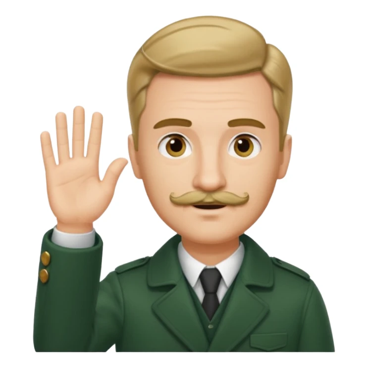 German guy with short mustache and a comb over raising his hand with a dark green coat sticker