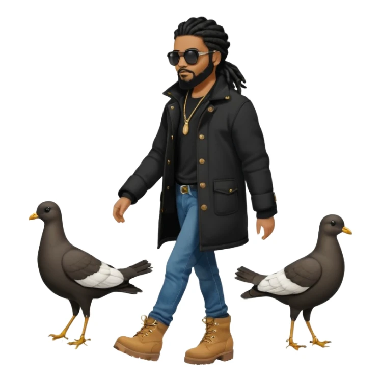 African American man with shoulder length black dreadlocks with black beard wearing black sunglasses wearing a black bubble winter coat wearing denim skinny jeans wearing wheat timberland boots walking with a dove behind him sticker